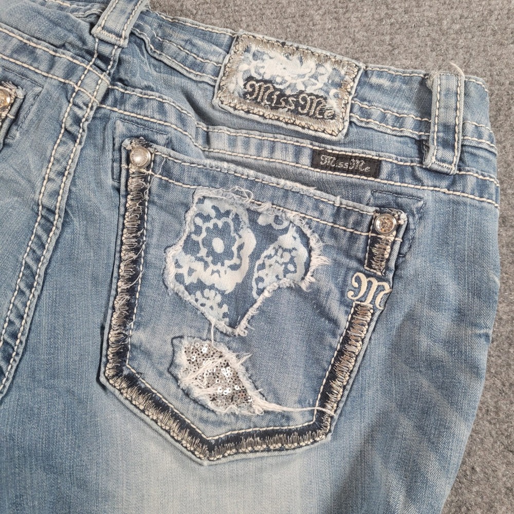 Miss Me Bootcut Jeans Womens 34 Blue Mid Rise Lace Sequin Embellished DISTRESSED